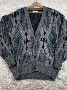 Vintage Chapel Hill Cardigan Sweater Men's Large Geometric Knit 90s Preppy